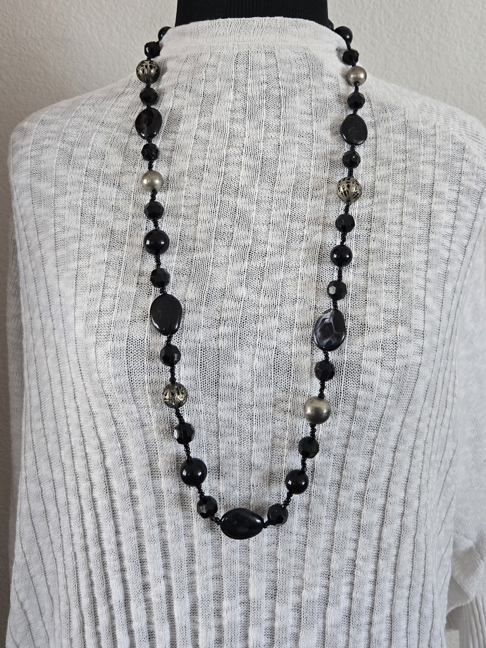 Black & Silvertone Beaded Great Gatsby Inspired Long Necklace